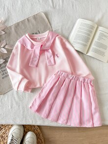 SHEIN 2件組女童長袖套裝 白色針織刺繡圓領上衣搭配紫色白色百褶裙 嬰兒7歲生日秋季款 - 粉色 - 查看 8