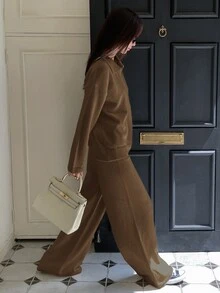 DAZY Women's Solid Color Long Sleeve Top And Pants Casual Daily Knit Two Pieces Set - Brown - View 3