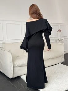 Feyla Women's Solid Color Asymmetrical Shoulder Casual Daily Knit Dress - Black - View 2