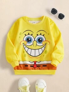 SpongeBob SquarePants | SHEIN Young Boy Cartoon Pattern Long Sleeve Crew Neck Raglan Sweatshirt - Yellow - View 1