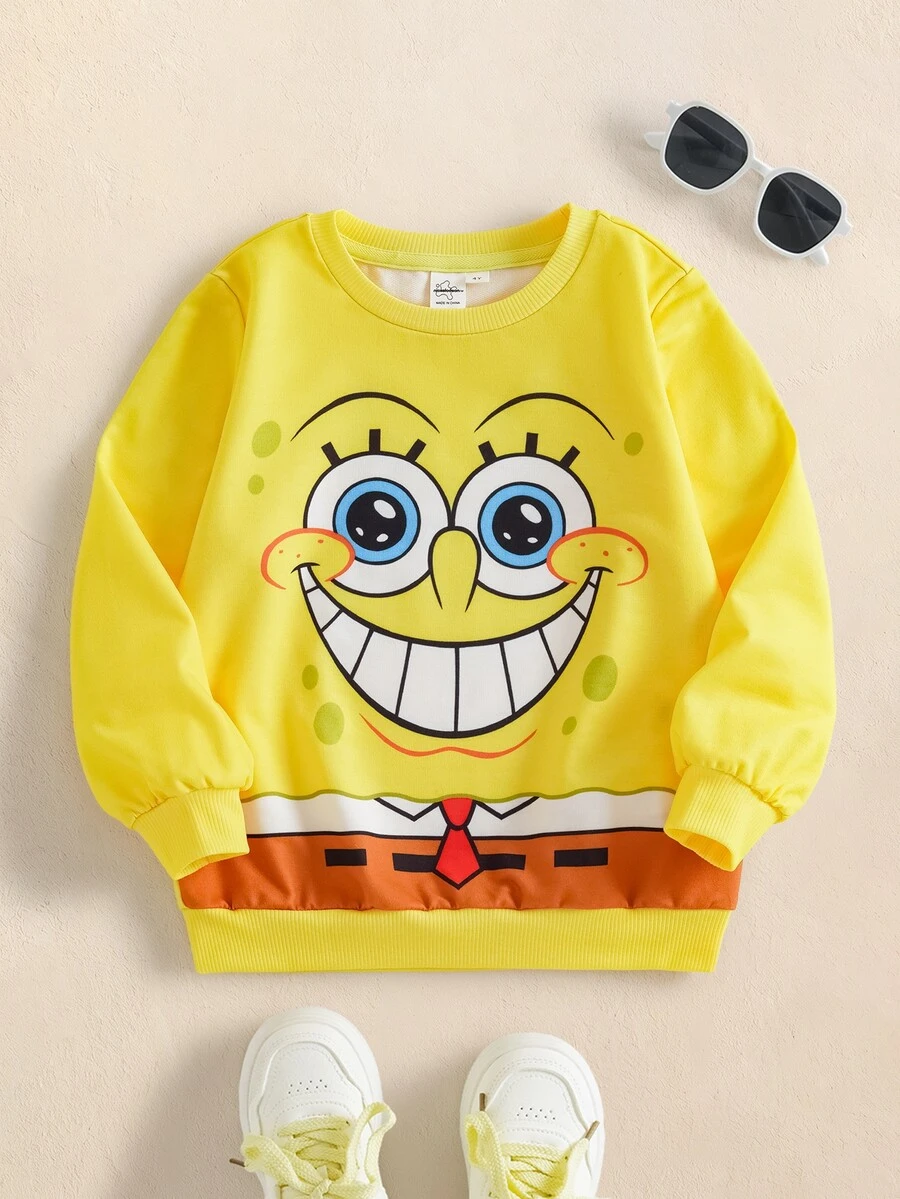 SpongeBob SquarePants | SHEIN Young Boy Cartoon Pattern Long Sleeve Crew Neck Raglan Sweatshirt - Yellow - View 1