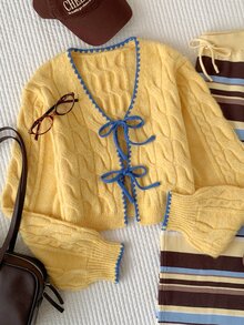 Comfortcana Fall Winter Coquette Style Cardigan For Date Night Featuring Blue Bows And Cable Knit In Yellow Cont - Yellow - View 1