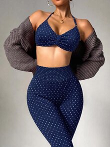 SHEIN Dewbera Women's Polka Dot Print Halter Neck Tank Top & High Waist Tight Leggings Sports Set - Navy Blue - View 5