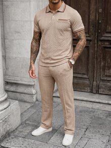 Manfinity CasualCool Men's Colorblock Short Sleeve Polo Shirt And Long Pants Casual Daily Outfit - Khaki - View 5