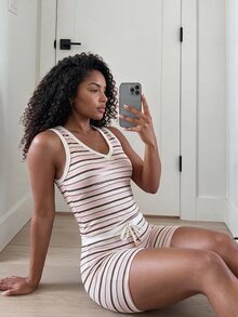 SHEIN Core Rhythm Women's Striped Colorblock Tank Top & Drawstring Waist Shorts Sports Set - Blue - View 2