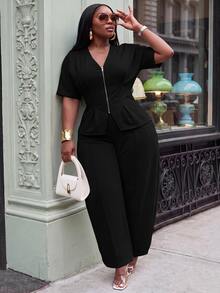 Slaydiva Plus Size 2 Pieces Outfits, Grey Zip Waist Crop Top & Harem Pants Matching Set - Black - View 3