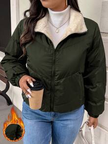 SHEIN Frenchy 大尺碼女款保暖內裡拉鍊口袋長袖加厚外套 冬季 - 軍綠色 - 查看 4