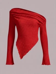 SHEIN ICON Y2K 頹廢風不對稱領口荷葉邊飾 T-shirt - 紅色 - 查看 2