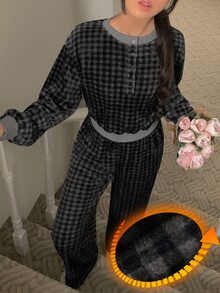 DAZY Women's Plaid Long Sleeve Top And Pants Casual Daily Home Pajama Set - Blue - View 5