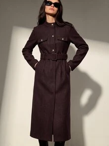 Aveloria Modichic 羊毛混紡優雅修身長洋裝附腰帶，奢華時尚風辦公深棕色 - 棕色 - 查看 5
