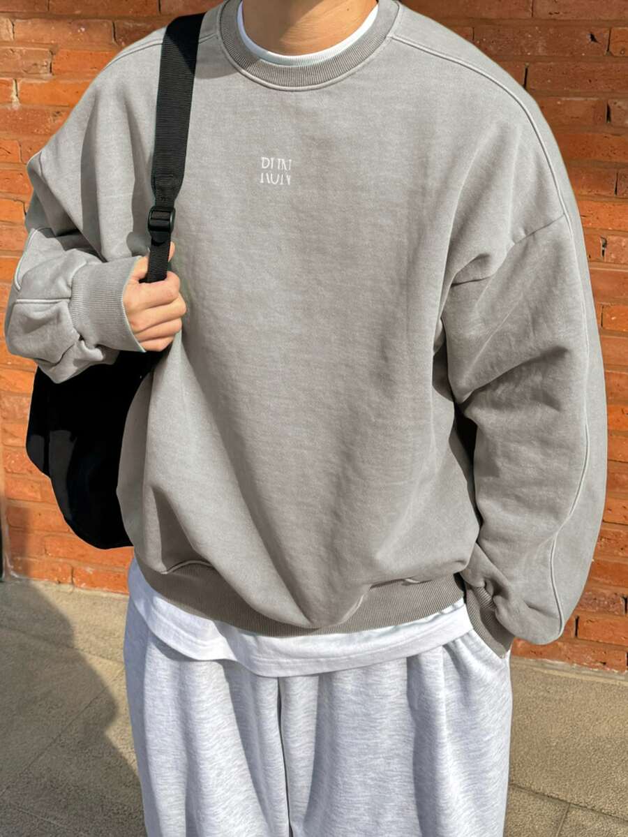 DAZY Men's Autumn/Winter Thermal Lined Grey Crew Neck Long Sleeve Pullover Sweatshirt With Ribbed Cuffs, Hem And Collar, Chest Letter Print And Back Patchwork Split Seam - Grey - View 1