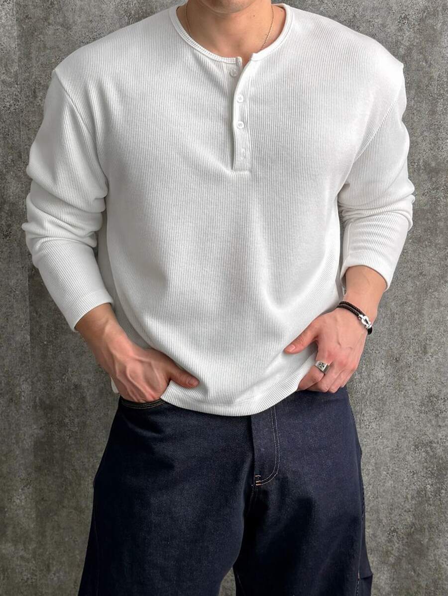 DAZY Spring/Autumn White Elastic Ribbed Knit Fabric Long Sleeve Crew Neck Half-Button Front Korean Style Men's T-Shirt - White - View 1