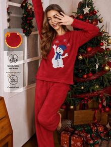 SHEIN طقم بيجامة نوم كاجوال فروي لطيف بتصميم رجل الثلج لعيد الميلاد باللون الأحمر - عنابي اللون - مشاهدة 3