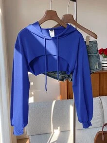 SHEIN EZwear 抽繩設計超短版連帽衛衣－黑白配色，秋冬長袖上衣 - 寶藍色 - 查看 3