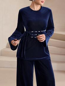 Graceveil Navy Blue Ribbed Velvet Crew Neck Long Sleeve Top & Pearl Waistband Wide Leg Pants Two Pieces Set - Royal Blue - View 3