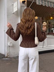 Serisse Women's Polka Dot Pattern Bell Sleeve Knot Round Neck Ruffle Hem Blouse - Brown - View 2