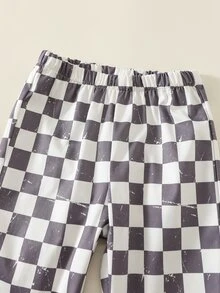 SHEIN 2件組男嬰秋冬休閒字母印花紅色連帽衛衣與格紋長褲套裝，嬰兒服飾，運動休閒套裝，衛衣套裝，紅色套裝 - 彩色 - 查看 4