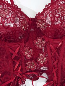 SHEIN 浪漫蕾絲女士性感內衣三件套 - 酒紅色 - 查看 5