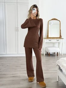 Easowa Women's Fashion Casual Solid Color Round Neck Long Sleeve Top & Pants Two Pieces Set - Brown - View 6