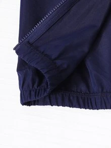 SHEIN 青少年女孩學院風馬匹圖案拉鍊運動套裝，海軍藍防風夾克外套與運動長褲2件組，休閒運動慢跑居家運動套裝 - 藍色 - 查看 5