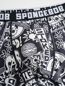 SpongeBob SquarePants | SHEIN سروال داخلي رجالي بطبعة جرافيتي كرتونية باللونين الأسود والأبيض - أبيض وأسود - مشاهدة 4