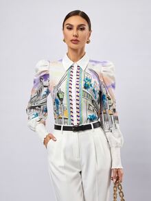 Aveloria Modichic 女款繪畫印花鈕扣開襟長袖襯衫 - 紫色 - 查看 3