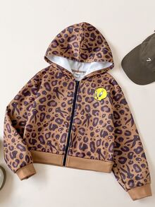 LOONEY TUNES X SHEIN 1件少女休閒運動學院風多功能棕色復古卡通豹紋寬鬆針織長袖連帽開襟衛衣 Y2K，適合日常穿著、秋冬、室內、運動、攝影、假期、生日 - 棕色 - 查看 2