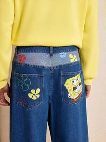 SpongeBob SquarePants | SHEIN Men's Fashion Cartoon Button Pocket Loose Fit Denim Jeans - Medium Wash - View 2