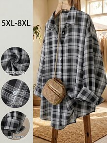 SHEIN CURVE+ 大尺碼長袖休閒條紋襯衫，秋季女裝 - 黑色 - 查看 1