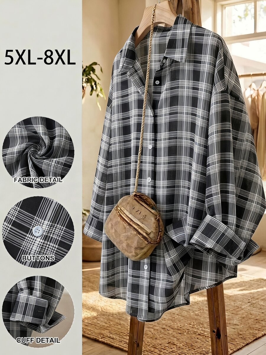 SHEIN CURVE+ 大尺碼長袖休閒條紋襯衫,秋季女裝 - 黑色 - 查看 1