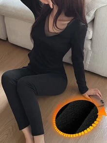 DAZY Women's Mesh Patchwork Long Sleeve Top & Pants Casual Daily Home Sleepwear Set - Black - View 3