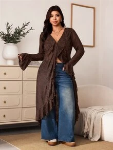 Enliva Plus Size Women's Lace Longline Cardigan Open Front Ruffle Bell Sleeve Duster Halloween Inspired Boho Witchy Cover Up Flattering Compatible With Apple Shape - Brown - View 3