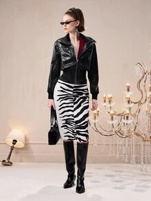 Barévion Women's Zebra Print Black & White Personalized Skirt - Black and White - View 5