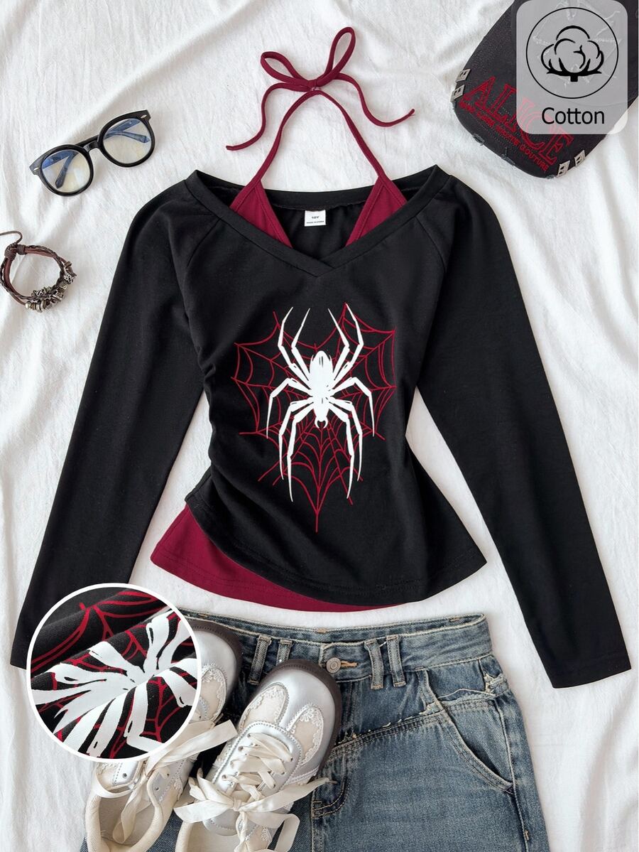 SHEIN تي شيرت فتيات مراهقات أسود بطبعة قلب وشبكة عنكبوت، ياقة قارب، أكمام راجلان ثلاثة أرباع، قصة ضيقة، ملابس علوية باردة للهالوين والخريف والشتاء - الأسود - مشاهدة 1