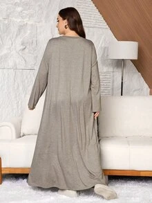 Lacomfia Plus Size Women's Loose Casual A-Line Round Neck Long Sleeve Patchwork Print Autumn Long Dress - Grey - View 2