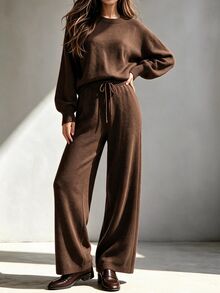 LUMIGAL Women's Solid Color Drop Shoulder Round Neck Knit Top And Drawstring Long Pants 2 Pieces Set - Brown - View 4