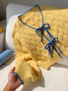Comfortcana Fall Winter Coquette Style Cardigan For Date Night Featuring Blue Bows And Cable Knit In Yellow Cont - Yellow - View 9