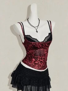 SHEIN ICON 女款豹紋透視細肩帶背心與黑色蕾絲細肩帶內衣兩件套 - 紅色和黑色 - 查看 9