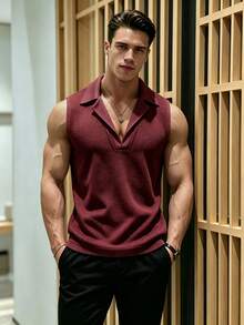 TONEVAULT 男士純色華夫格針織背心 - 酒紅色 - 查看 5