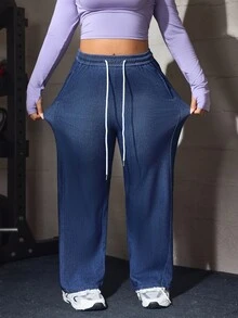 Flexra Old Money Plus Size Women's Blue Stretch Denim Banana Leg Pants With Elastic Waistband And Drawstring - Dark Wash - View 7