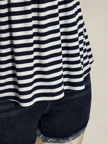 SHEIN ICON 女款大尺碼條紋兩件式休閒日常短袖T恤 - 藏蓝色 - 查看 6