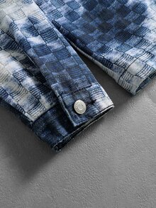 ROMWE MEN Digital Print Brand 3D Plaid American Vintage Bubble Check Tie-Dye 2 In 1 Shacket Unisex Double Layer Patchwork Gradient Old Blue & White Loose Lapel Workwear Jacket - Multicolor - View 6
