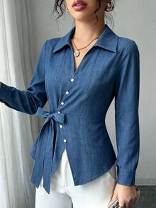 SHEIN Tall Women's Polka Dot Blouse With Lapel Collar, Asymmetric Button Design, Cinched Waist Tie, Flattering Slimming Fit, Asymmetrical Hem, Long Sleeve, Elegant French Casual Style - Dusty Blue - View 1