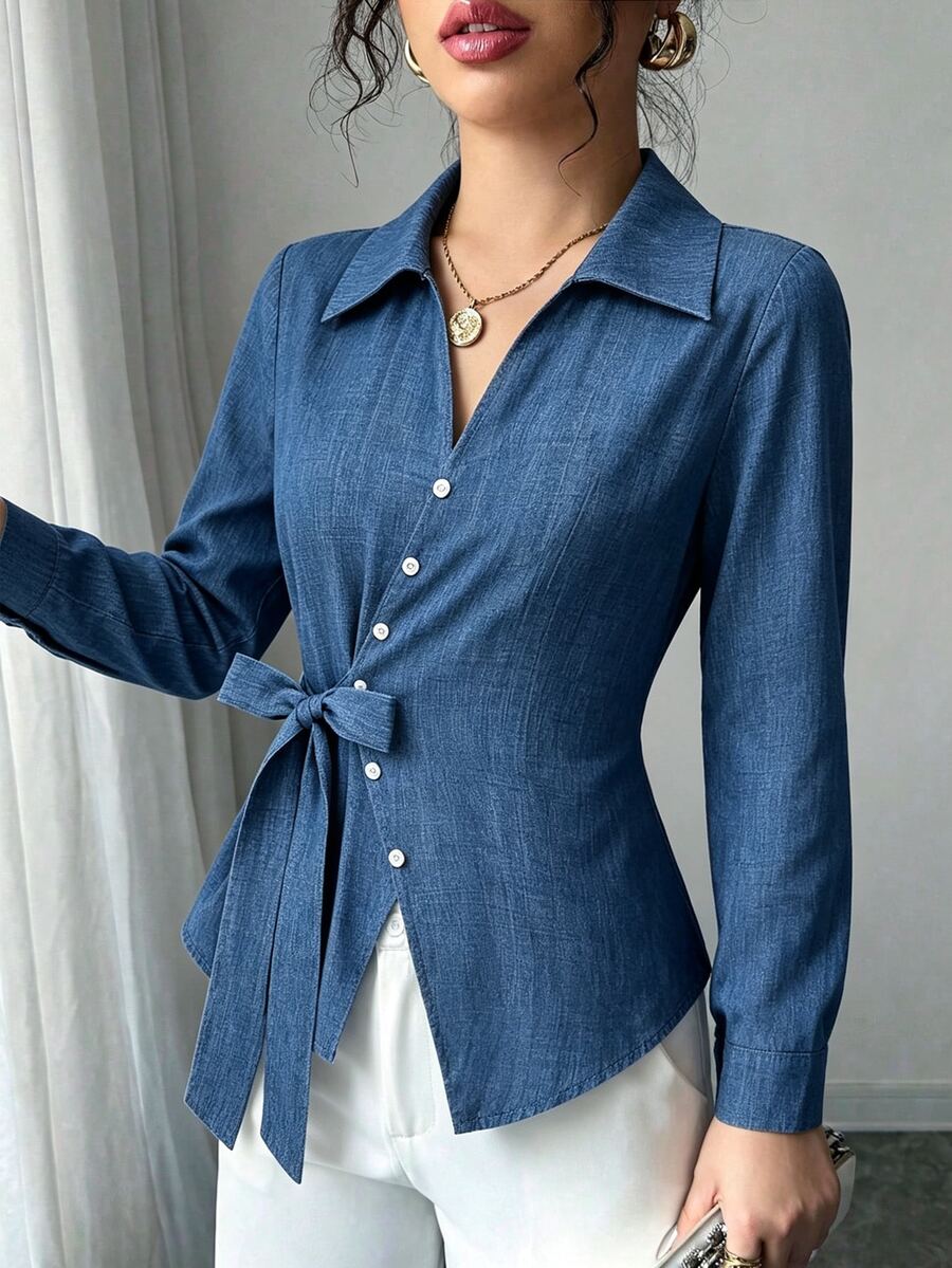 SHEIN Tall Women's Polka Dot Blouse With Lapel Collar, Asymmetric Button Design, Cinched Waist Tie, Flattering Slimming Fit, Asymmetrical Hem, Long Sleeve, Elegant French Casual Style - Dusty Blue - View 1