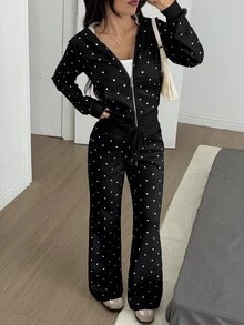 SHEIN EZwear 女款黑色波點印花修身開襟運動衫與喇叭褲休閒套裝，秋冬款 - 黑色 - 查看 6