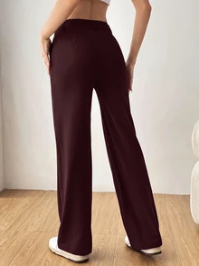 SHEIN EZwear 女款純色直筒西裝長褲 秋冬款 - 酒紅色 - 查看 4