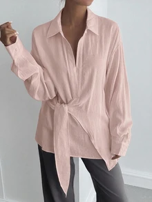 DAZY 女款半鈕扣側綁帶套頭休閒優雅襯衫 - 粉色 - 查看 5