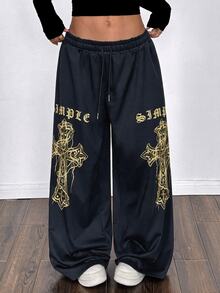 Maweii Plus Size Women Sexy Loose Straight Leg Personalized Print Street Style Casual Vacation Office Daily Pants Sweatpants Fall - Navy Blue - View 5