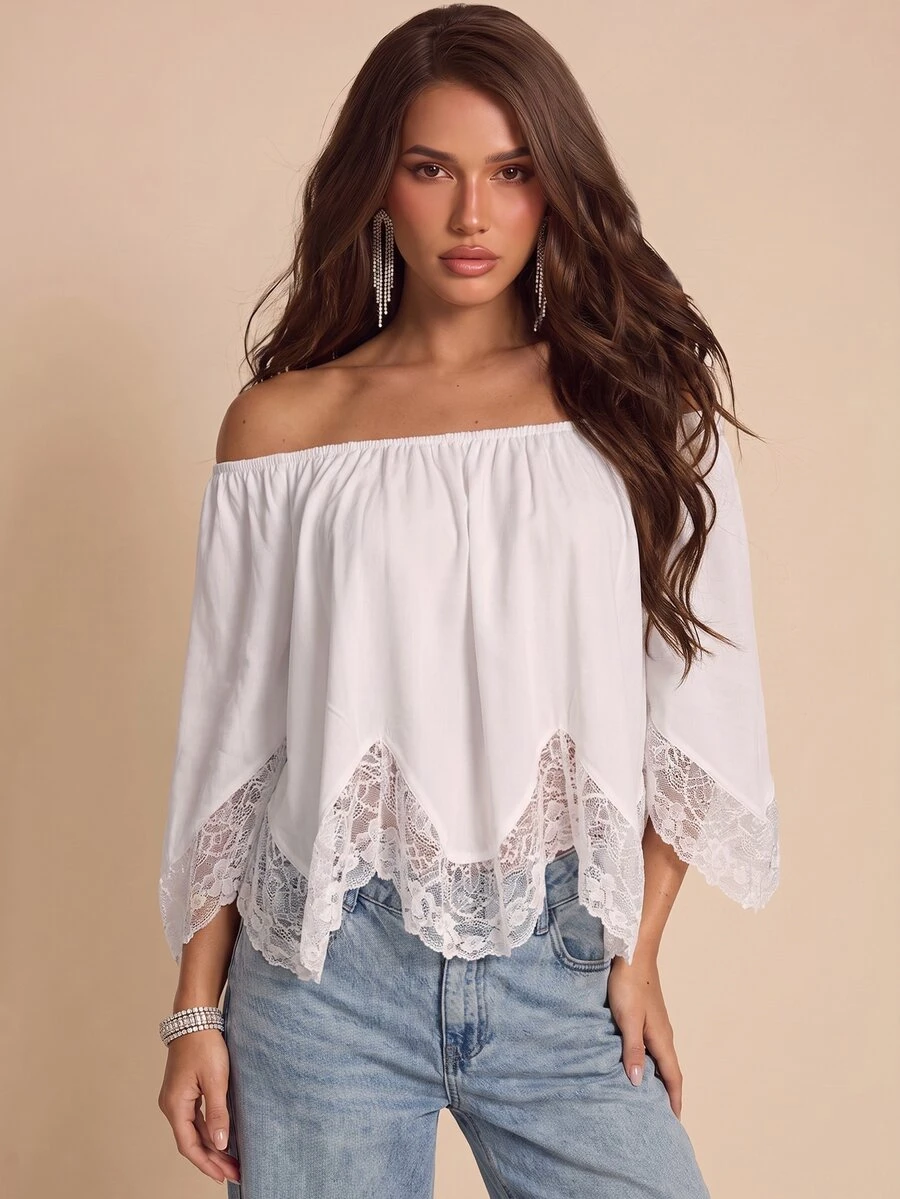 Bluhae Blus Wanita Crop Musim Semi Panas Warna Beige dengan Bahu Terbuka, Patchwork Renda, Longgar, Ruffle, Lengan Batwing, Bahan Sifon, untuk Kencan, Belanja, Liburan, Gaya Pure Desire yang Menawan - Putih - View 1