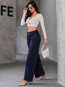 SHEIN Tall Celana Jeans Kaki Lebar dengan Kantong Miring - Biru - View 4